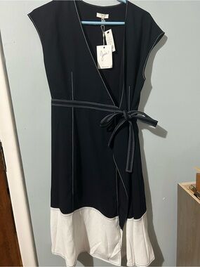 NWT Joie Midnight Blue/Black Wrap Dress with White Hem and Contrast Stitching